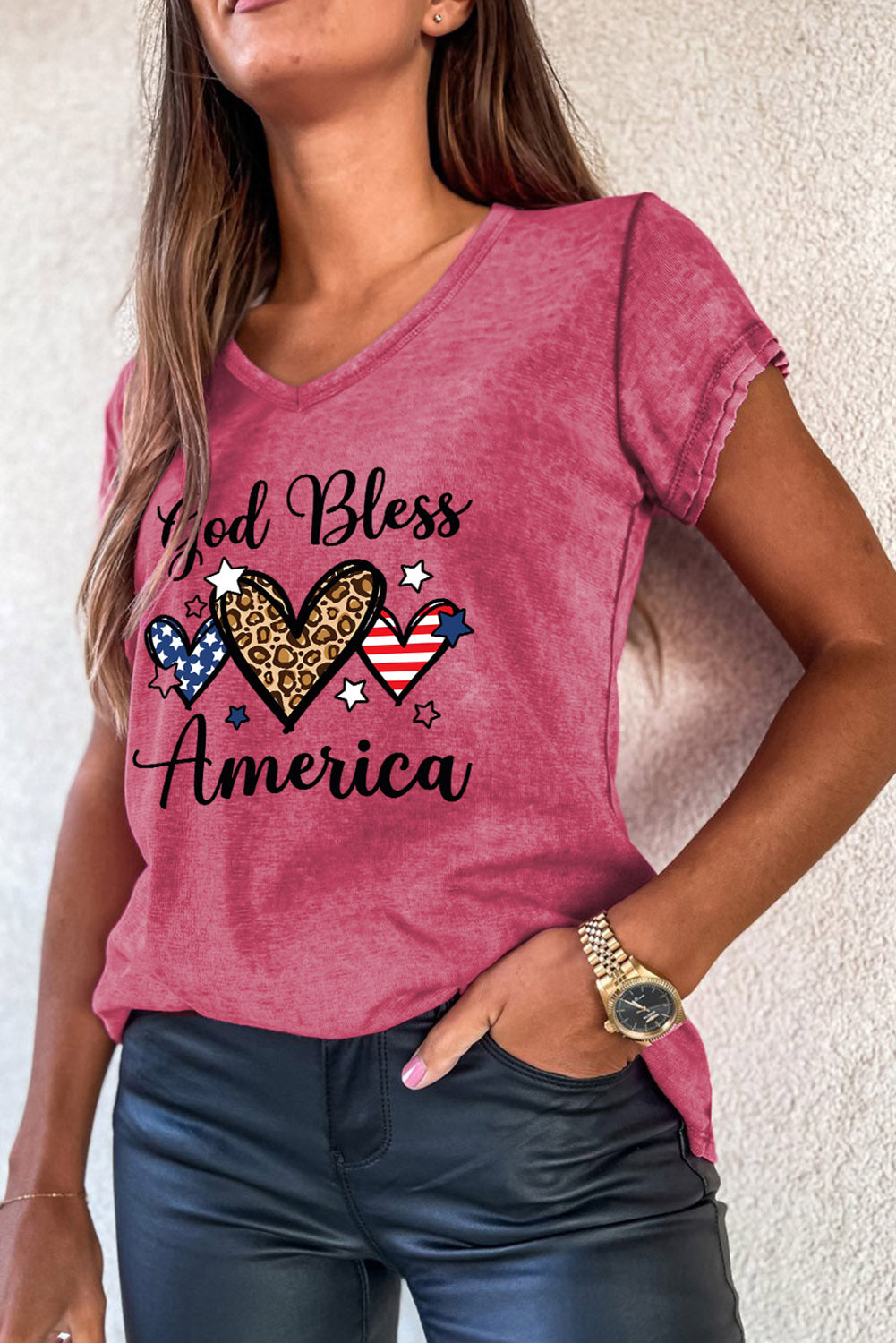 God Bless America Heart Shape Print V Neck T Shirt