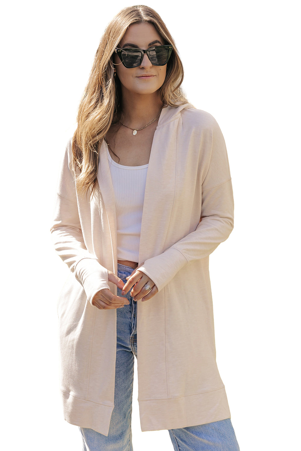 Apricot Open Front Hooded Long Cardigan with Slits