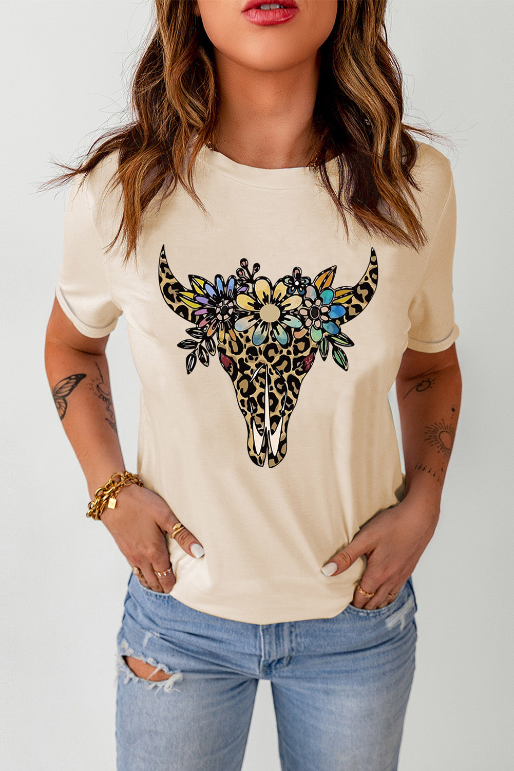 Khaki Leopard Cow Skull Graphic Print T Shirt