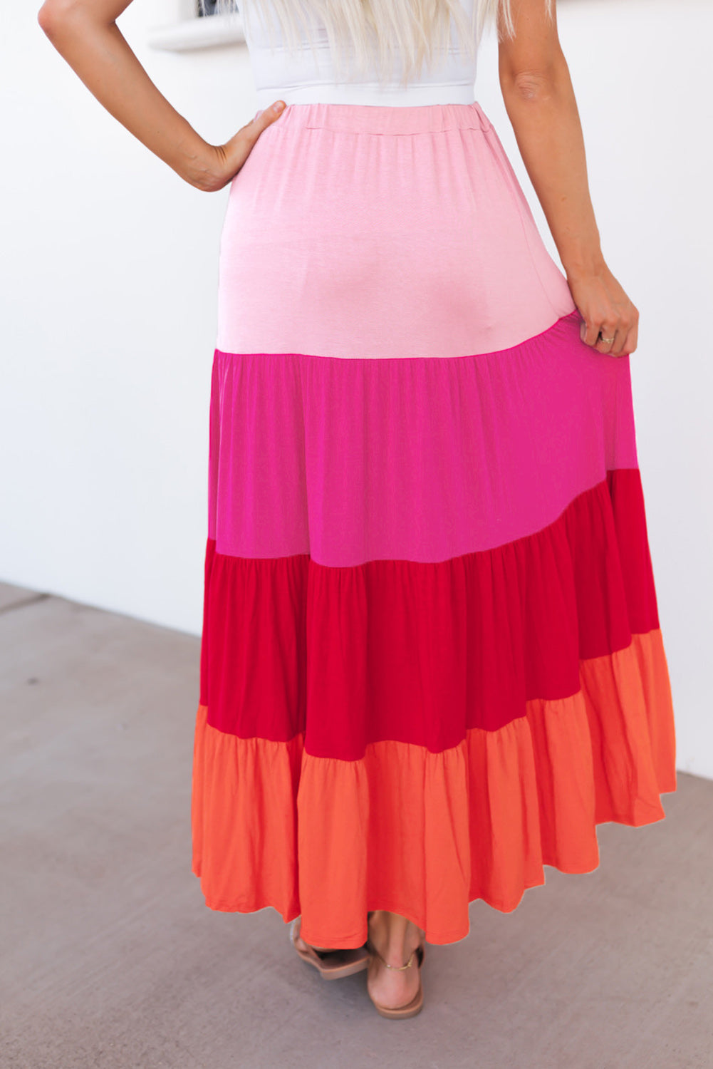 Color Block Tiered Drawstring High Waist Maxi Skirt