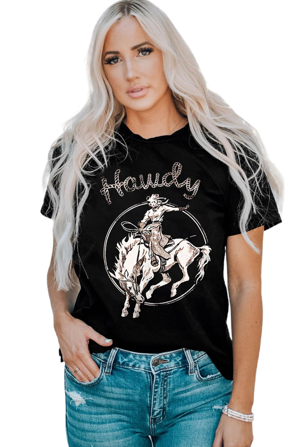 Howdy Western Cowboy Graphic Print Crewneck T Shirt