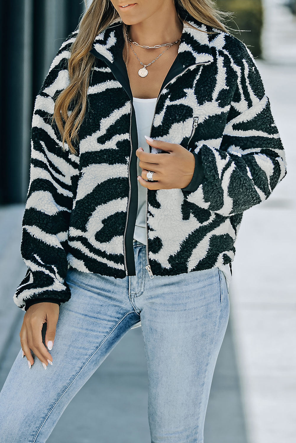 Zebra Teddy Zip-up High Neck Jacket