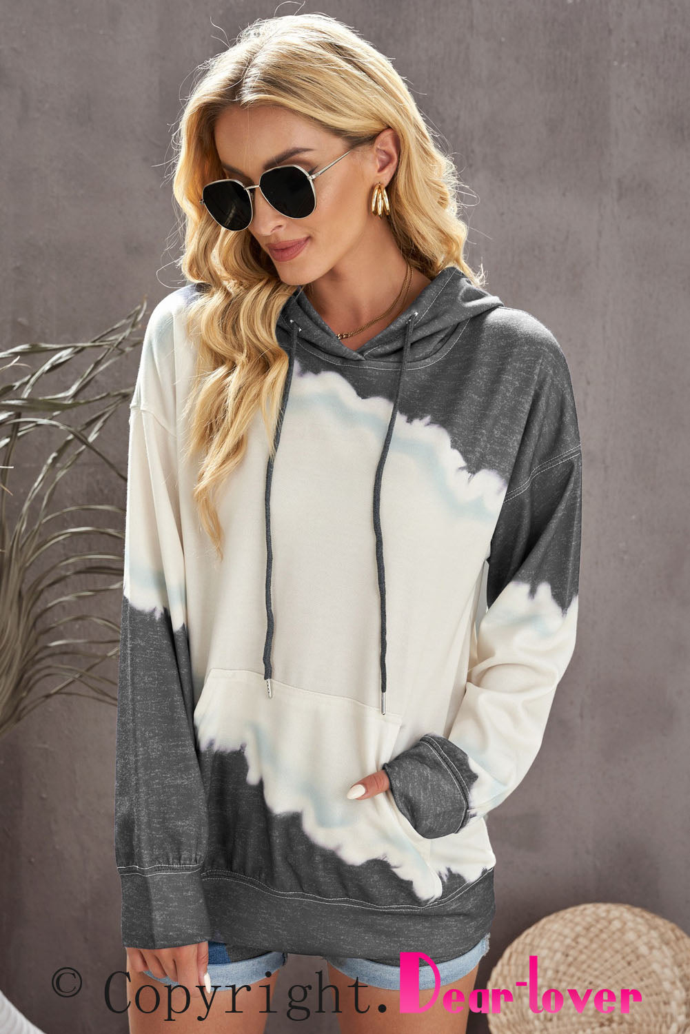 Gray Hooded Tie Dye Print Pocket Casual Sweatshirt