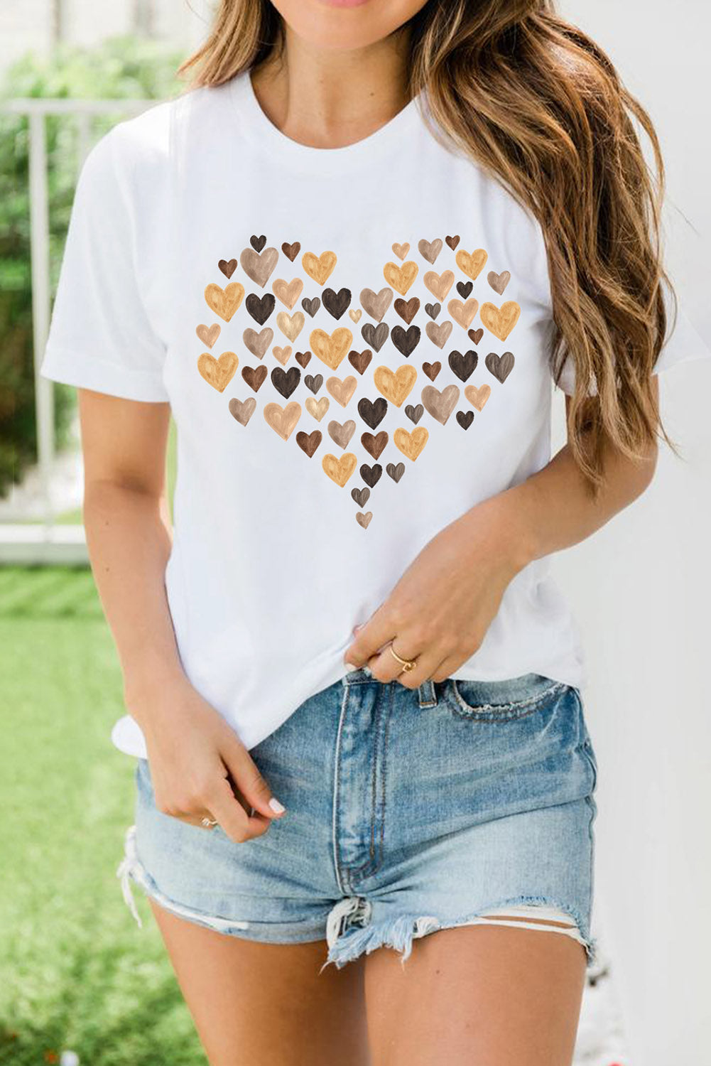 Valentines Day Heart Shaped Print Crew Neck Graphic Tee