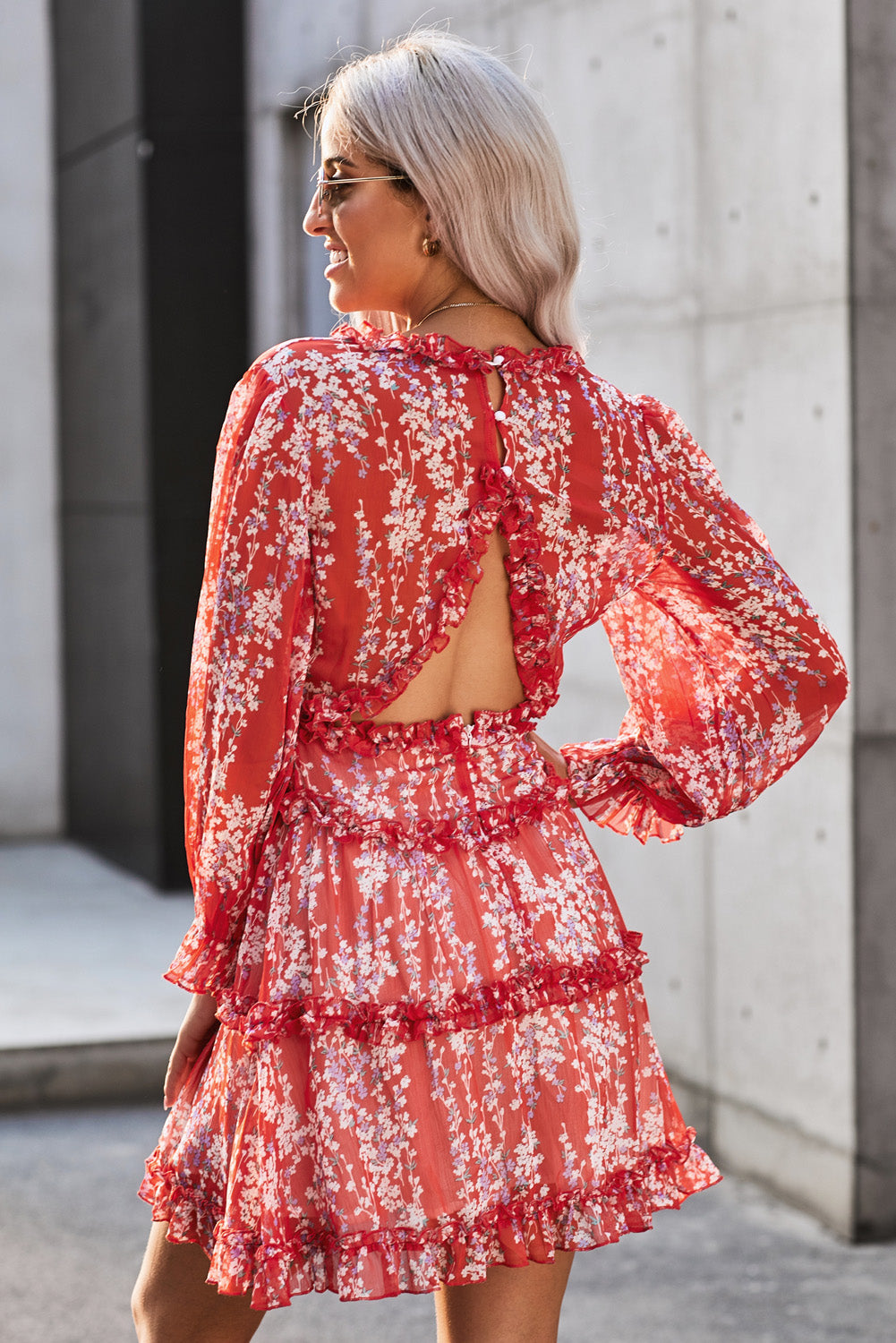 Red Ruffle Detailing Open Back Floral Dress