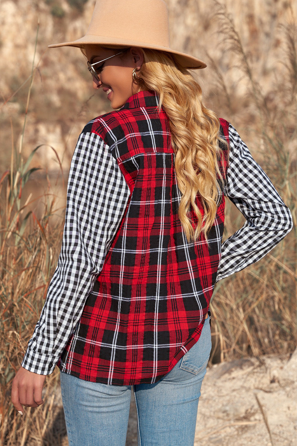 Fiery Red Plaid Splicing Hit Color Pockets Turndown Collar Long Sleeve Shirt