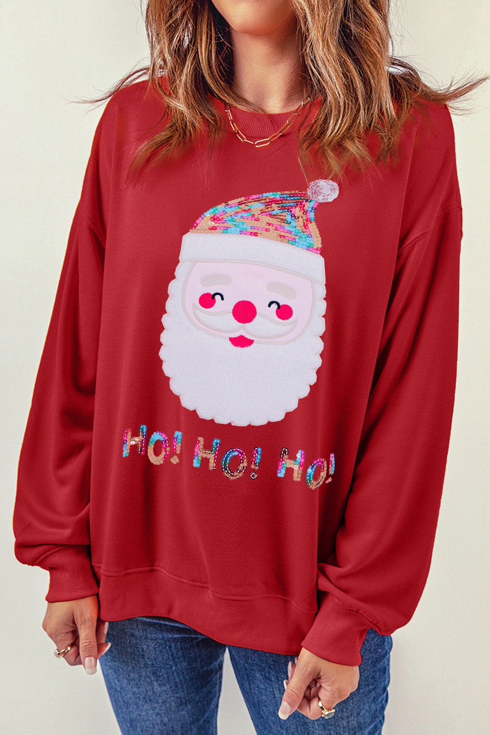 Fiery Red HO HO HO Sequined Santa Claus Sweatshirt