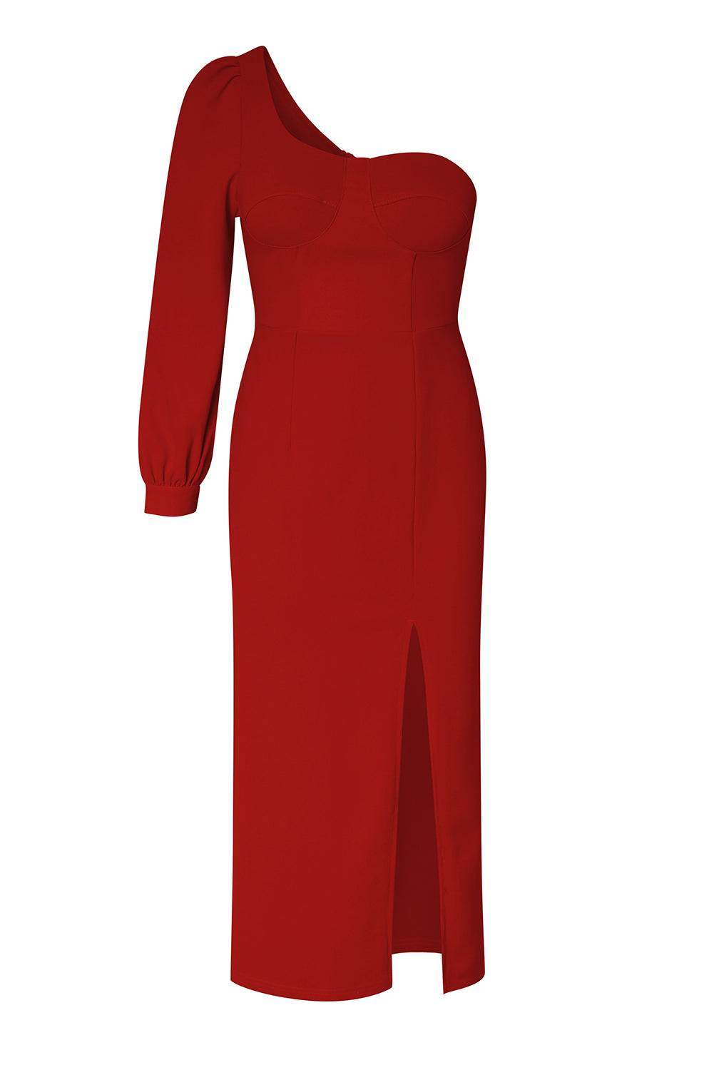 Fiery Red One Shoulder Puff Sleeve Split Midi Dress