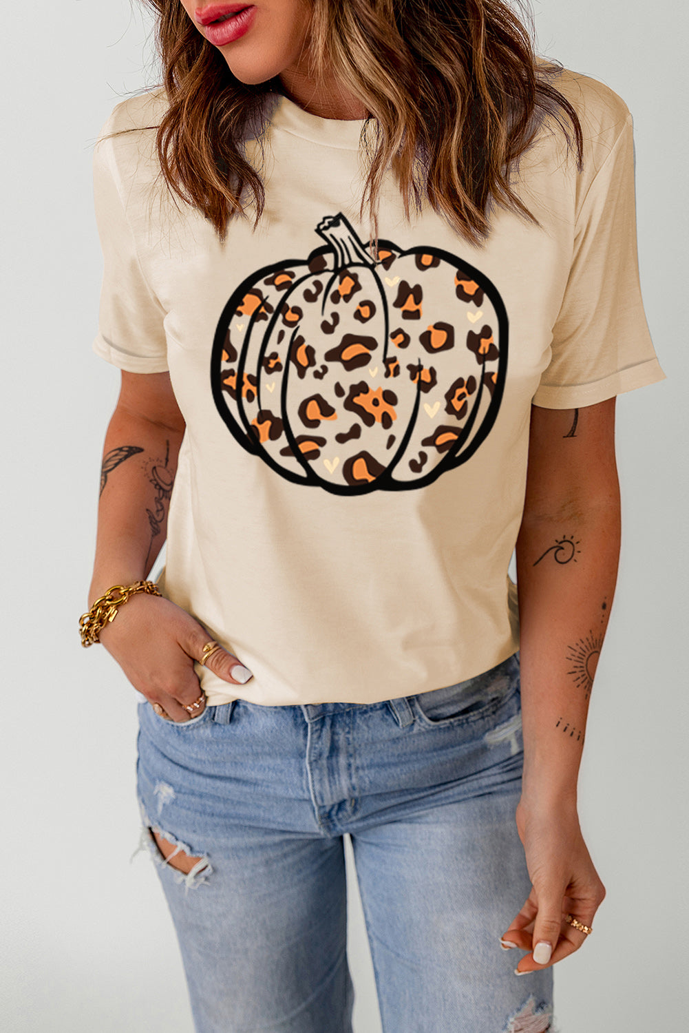 Khaki Pumpkin Leopard Print Short Sleeve Graphic T Shirt