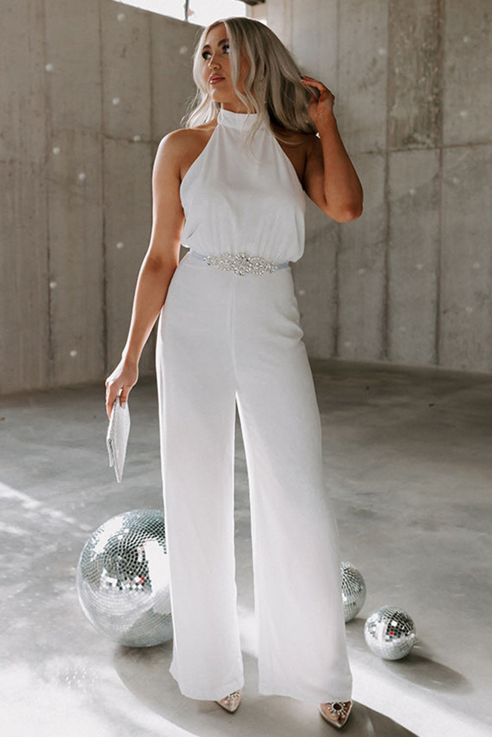 Button Halterneck Elegant Wide Leg Jumpsuit