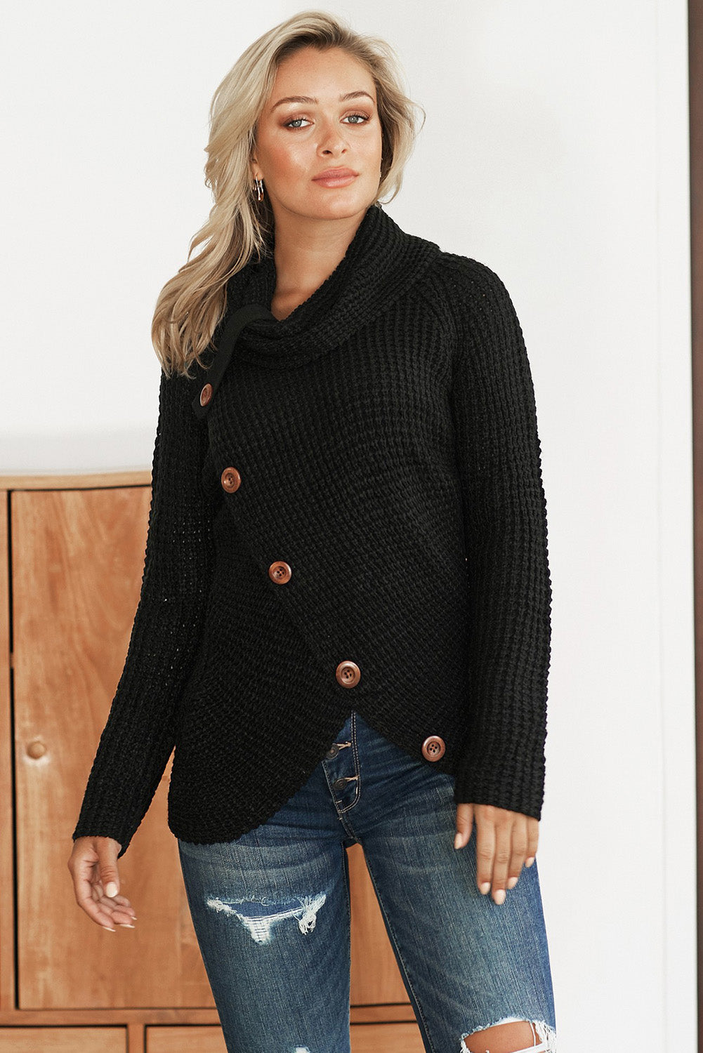 Black Buttoned Wrap Turtleneck Sweater