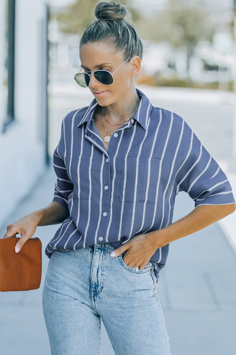 Blue Pocketed Striped Shirt