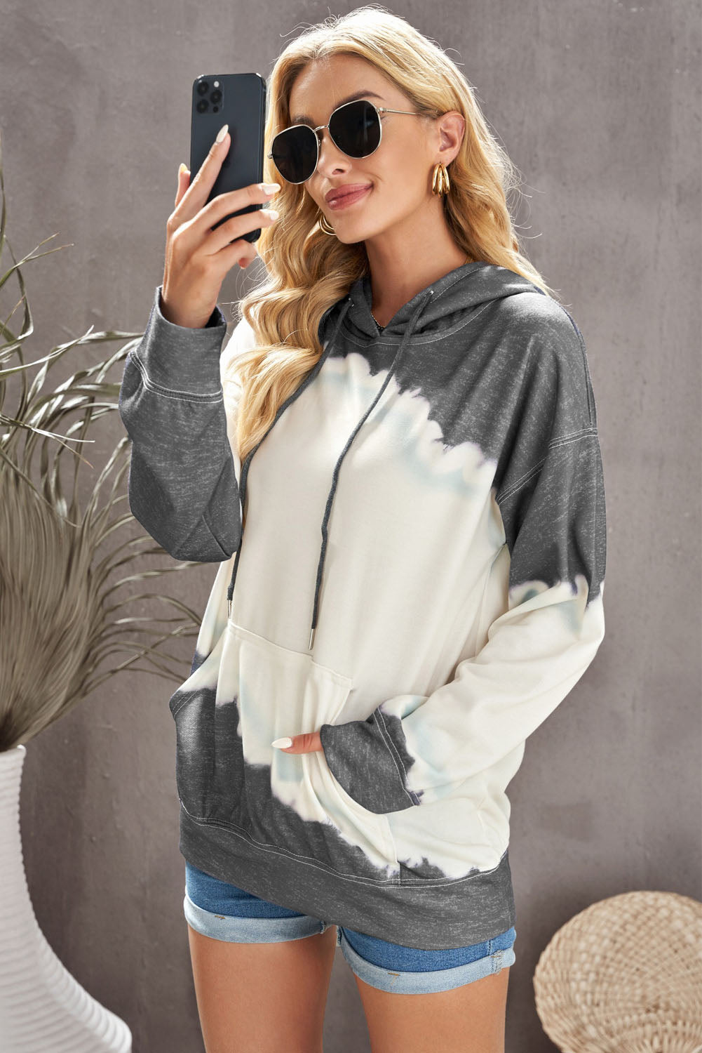 Gray Hooded Tie Dye Print Pocket Casual Sweatshirt