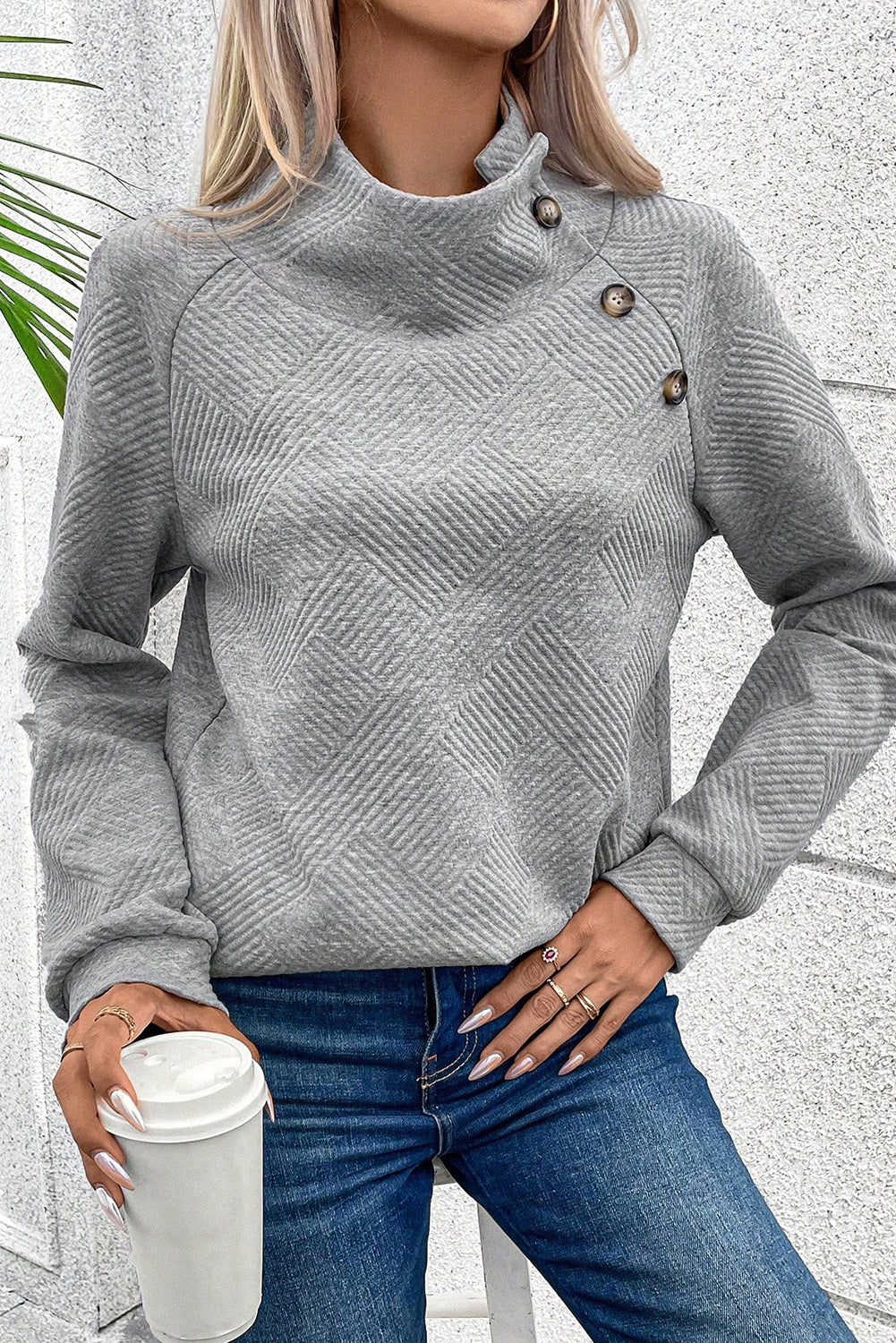 Gray Asymmetric Buttons Detail High Neck Textured Sweatshirt