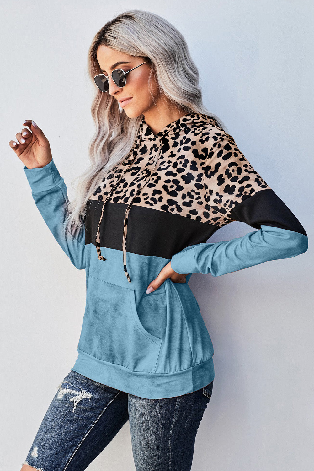 Blue Leopard Tie Dye Colorblock Hoodie