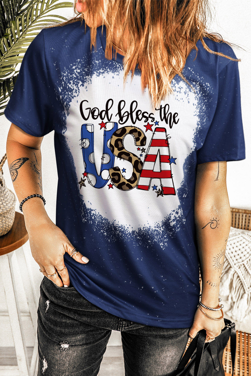 God Bless the USA Print Bleach Short Sleeve T-Shirt