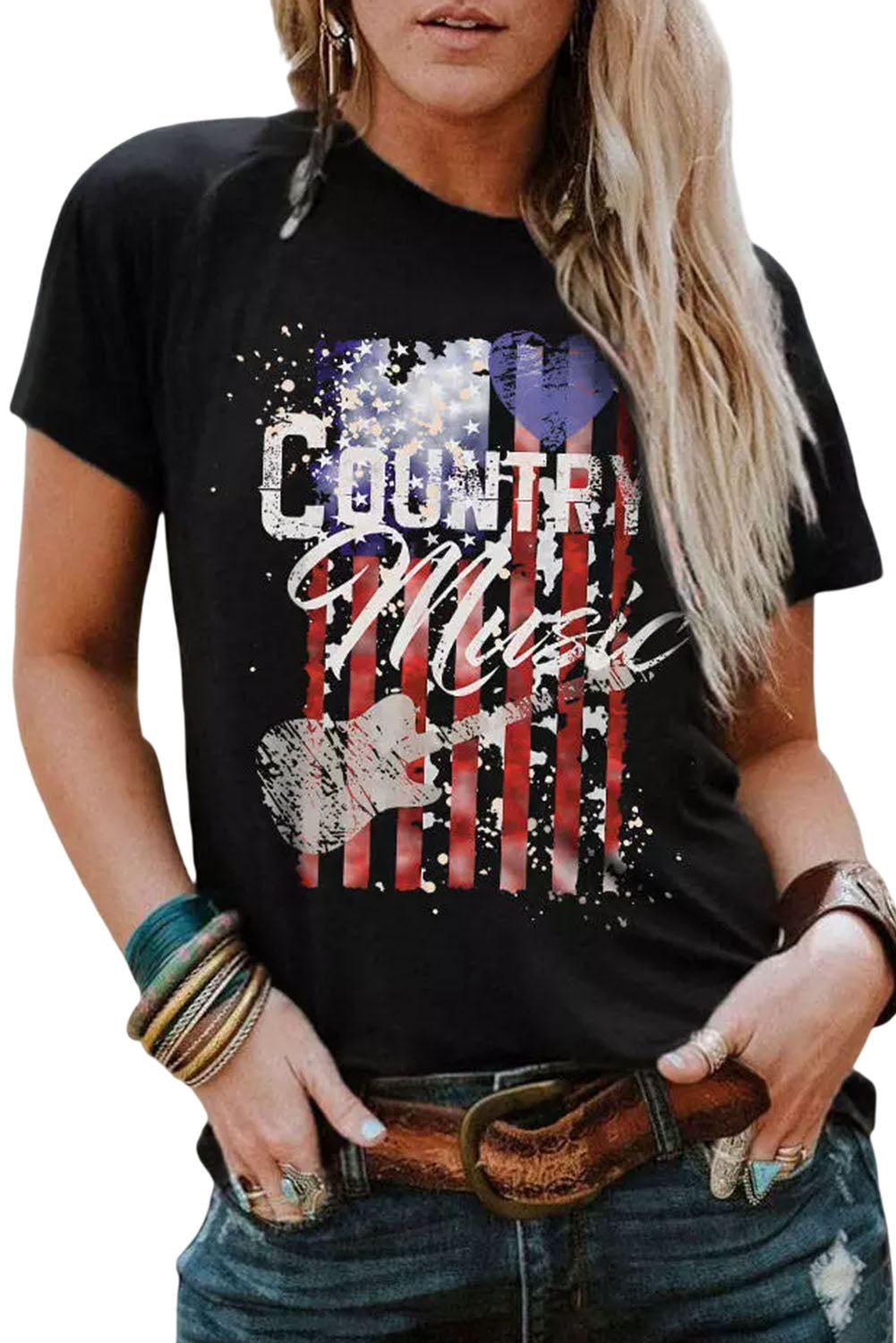 Country Music American Flag Print Short Sleeve T Shirt