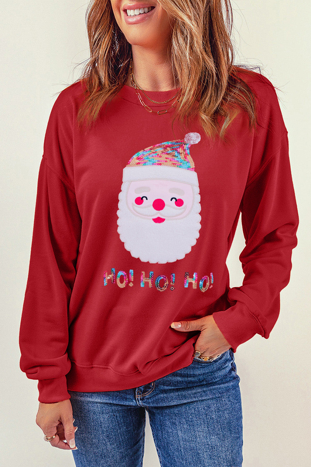 Fiery Red HO HO HO Sequined Santa Claus Sweatshirt