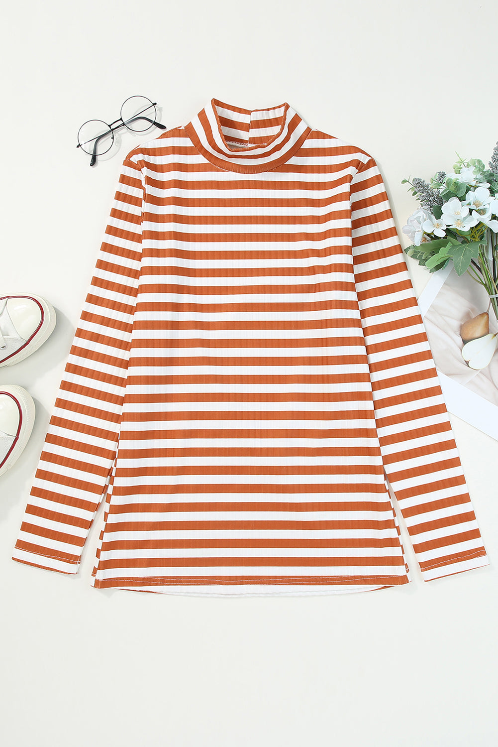 Striped Print Textured Knit Long Sleeve Tee