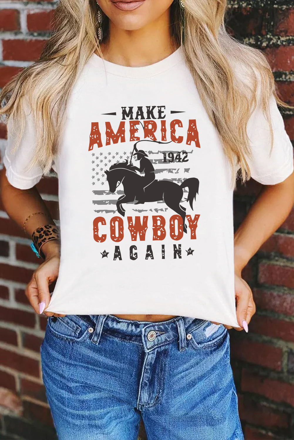 America Cowboy Graphic Print Crew Neck T Shirt