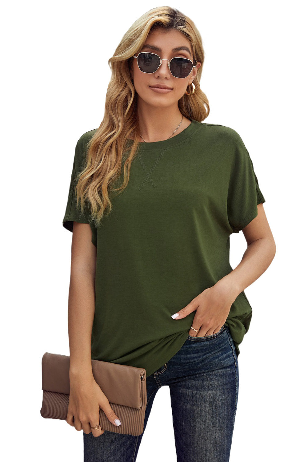 Green Round Neck Short Sleeve Solid Color Tee