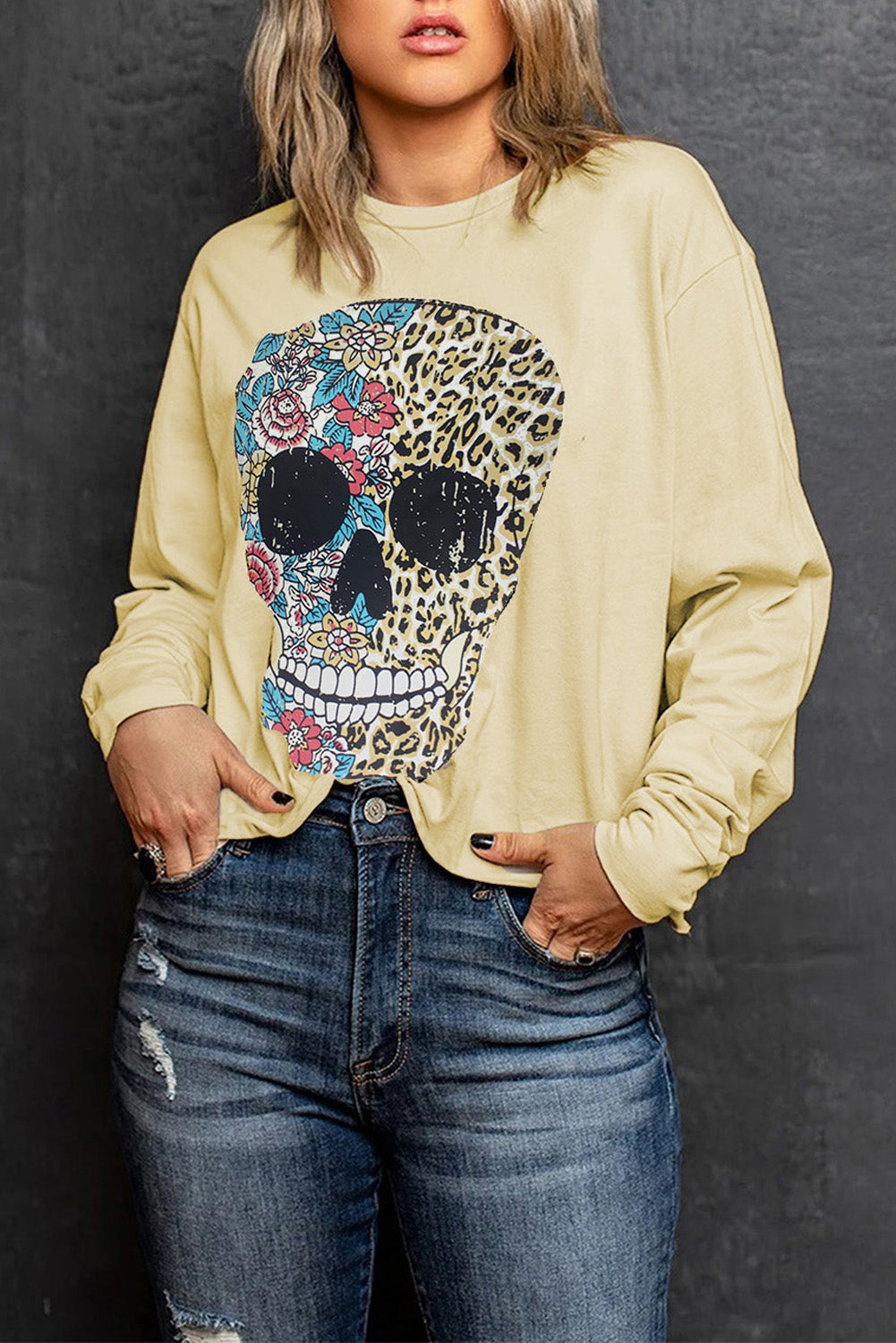 Antique Leopard Flower Skull Halloween Graphic Top