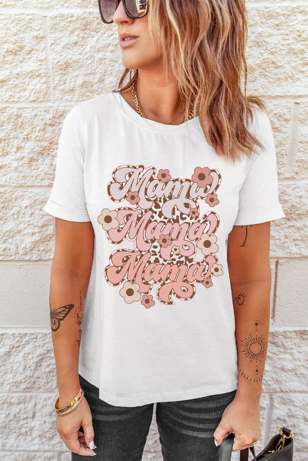 Mama Flower Leopard Print Short Sleeve Graphic Tee