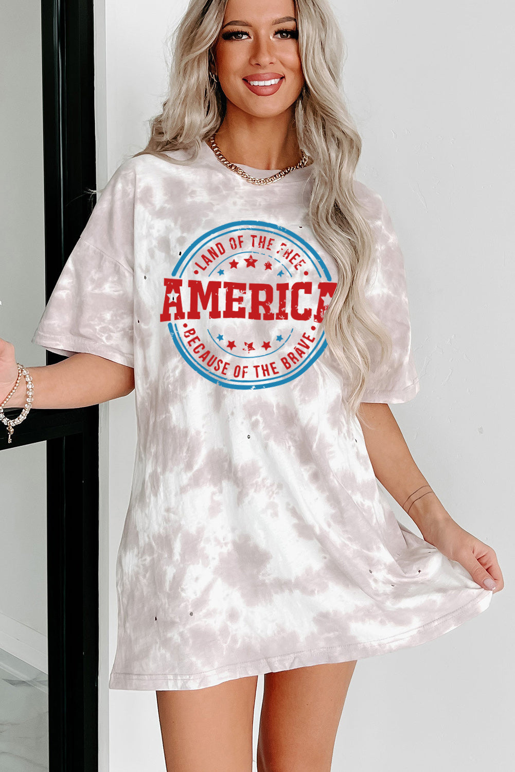 Oversized Tie-dye AMERICA Graphic T-shirt with Distressing