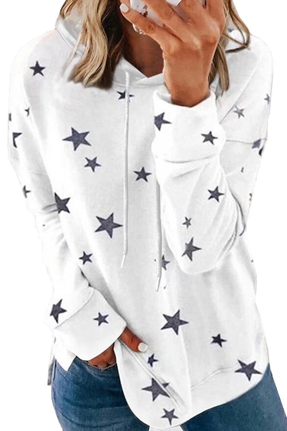 White Star Print Hoodie with Side Slits