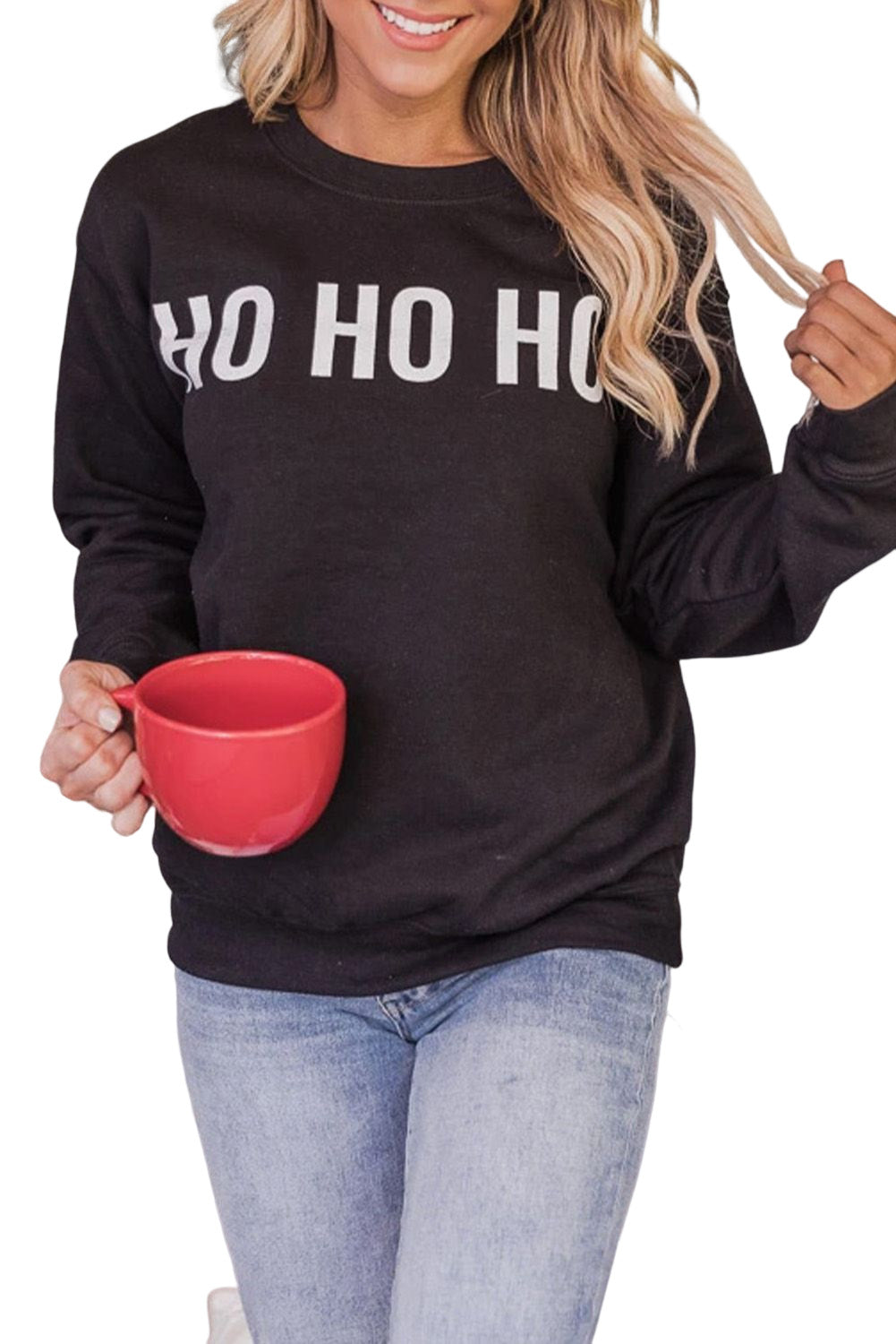 HO HO HO Glitter Print Long Sleeve Pullover Sweatshirt