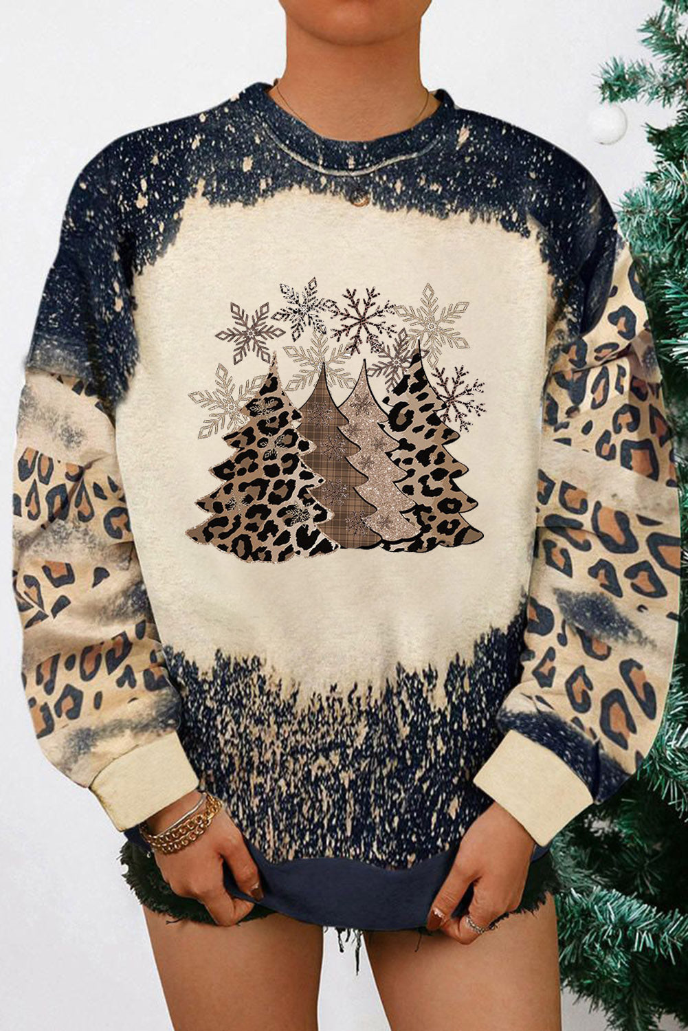 Christmas Tree Leopard Color Block Pullover Sweatshirt