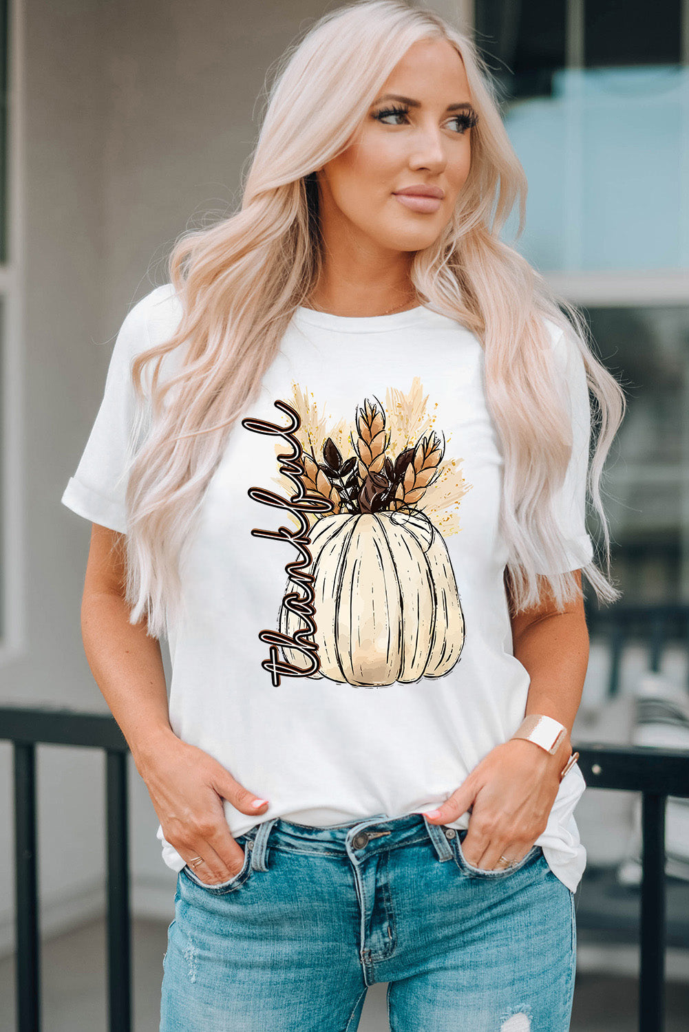 White Harvest Pumpkin Graphic Thanksgiving Tee