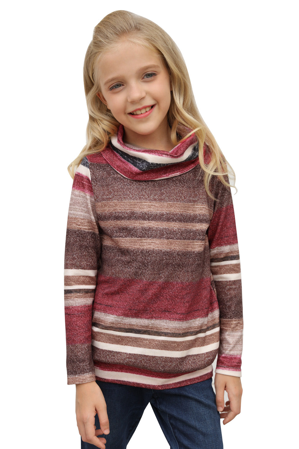 Multicolor Cowl Neck Girl's Striped Sweatshirt