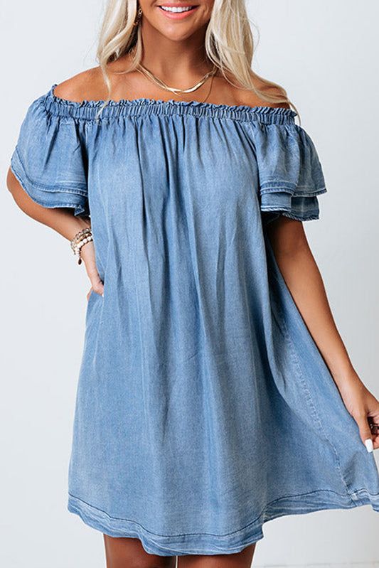 Off-shoulder Ruffle Sleeves Chambray Dress