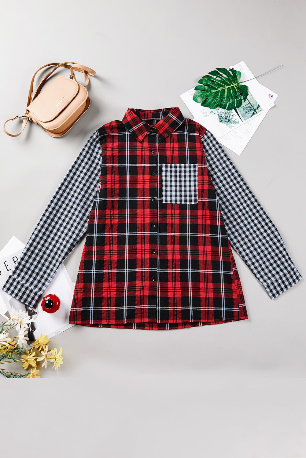 Fiery Red Plaid Splicing Hit Color Pockets Turndown Collar Long Sleeve Shirt