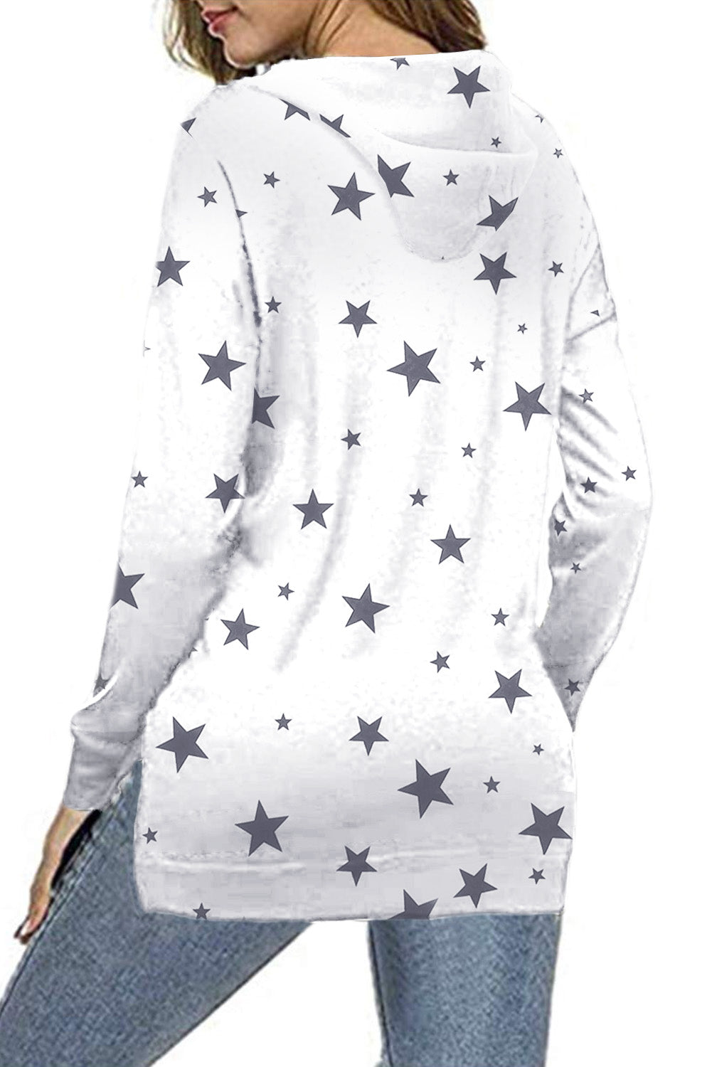 White Star Print Hoodie with Side Slits