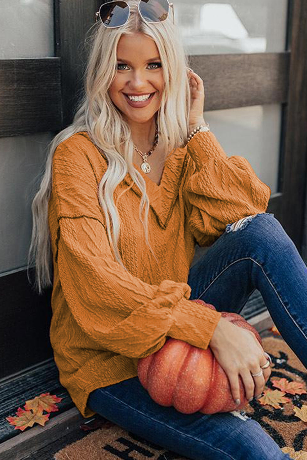 Textured V Neck Long Sleeve Knit Top