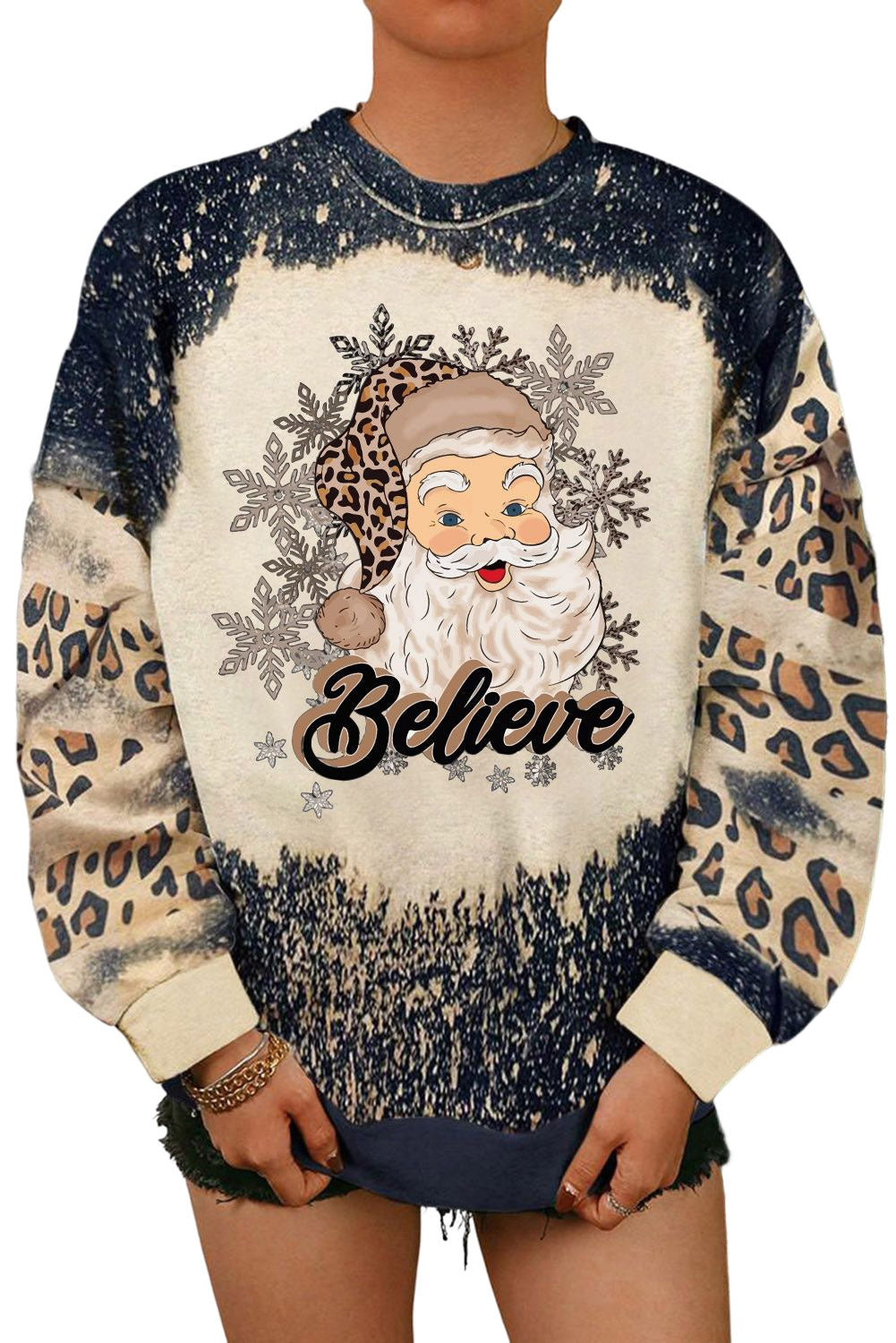 Believe Santa Clause Bleach Print Graphic Sweatshirt