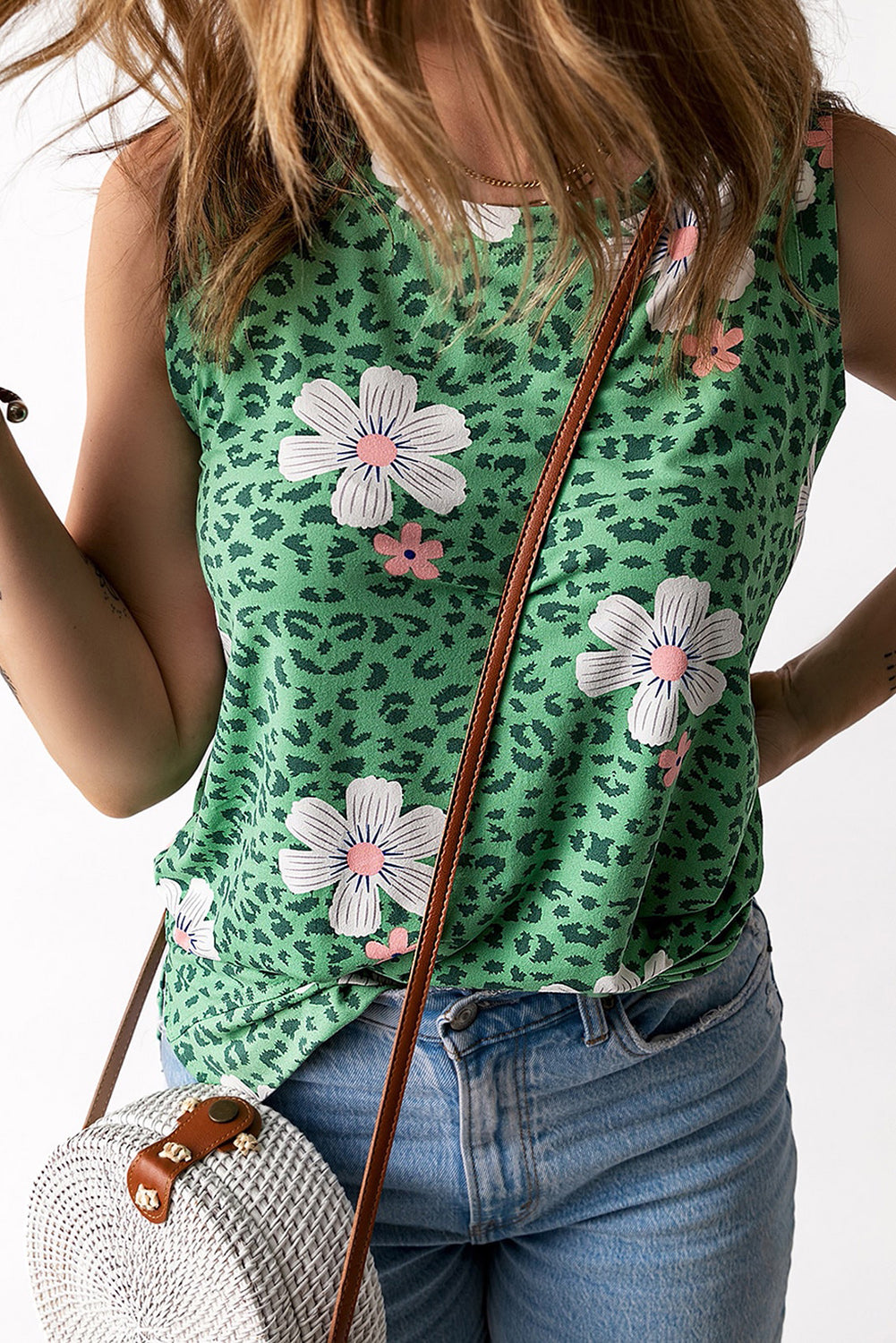 Green Crew Neck Floral Leopard Print Tank Top