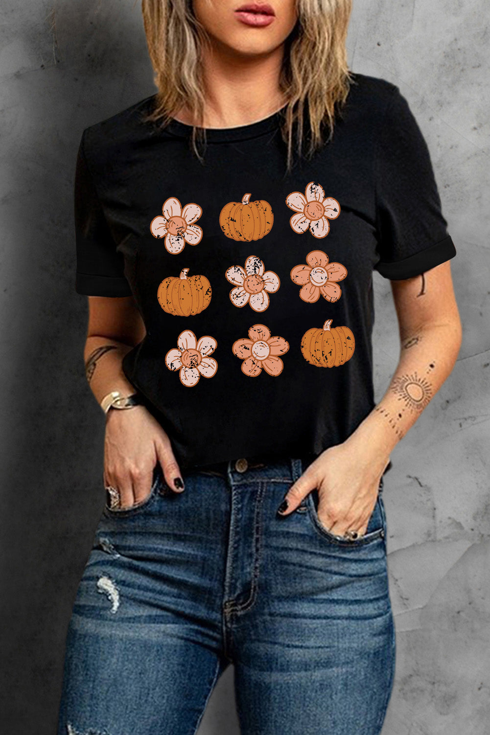 Pumpkin Flower Print Short Sleeve Graphic T Shirt