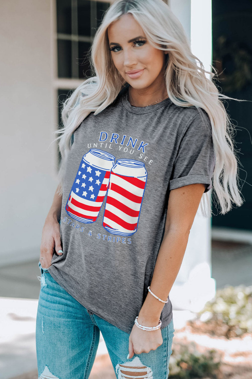 US Flag Slogan Graphic Print Short Sleeve T Shirt