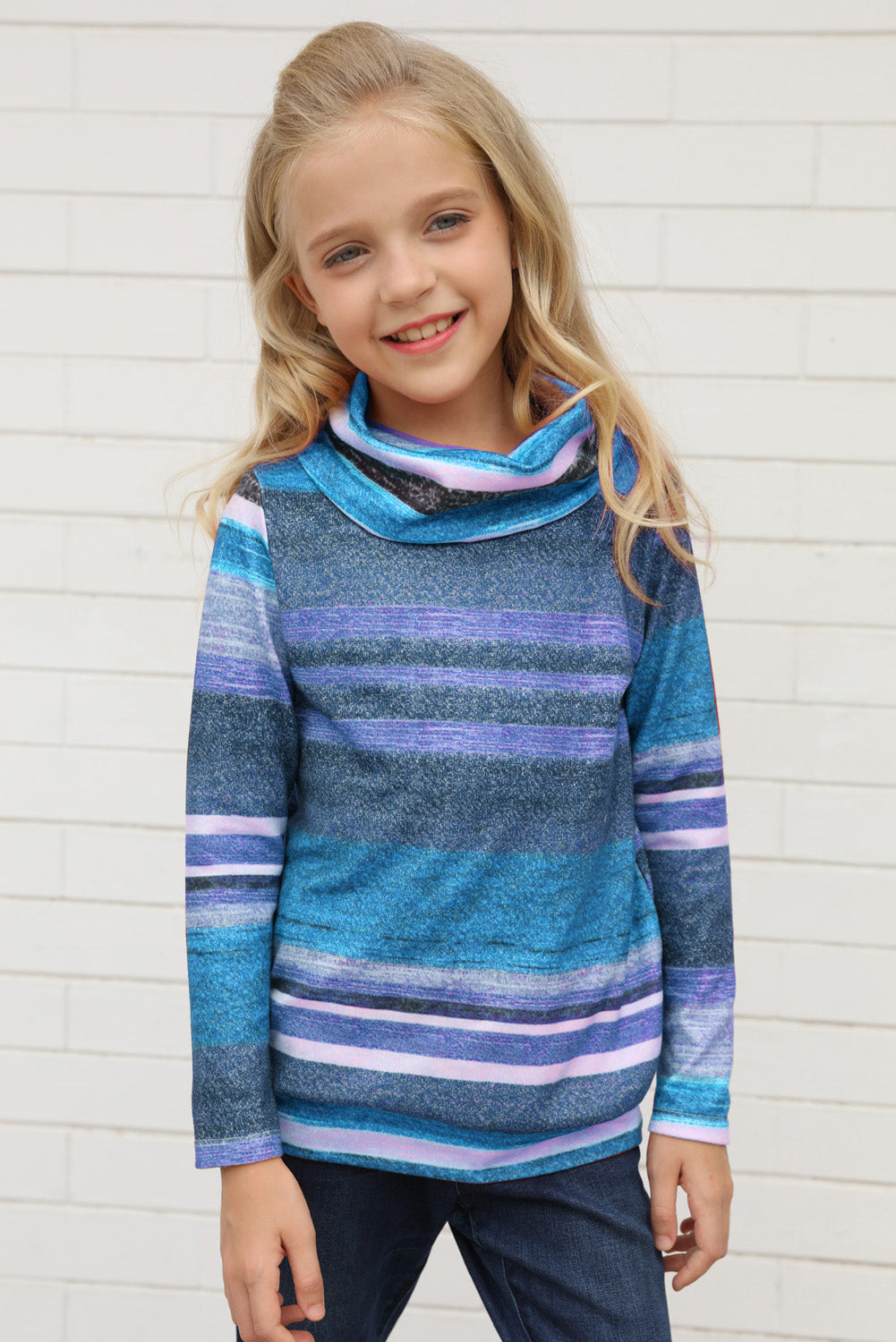 Multicolor Cowl Neck Girl's Striped Sweatshirt