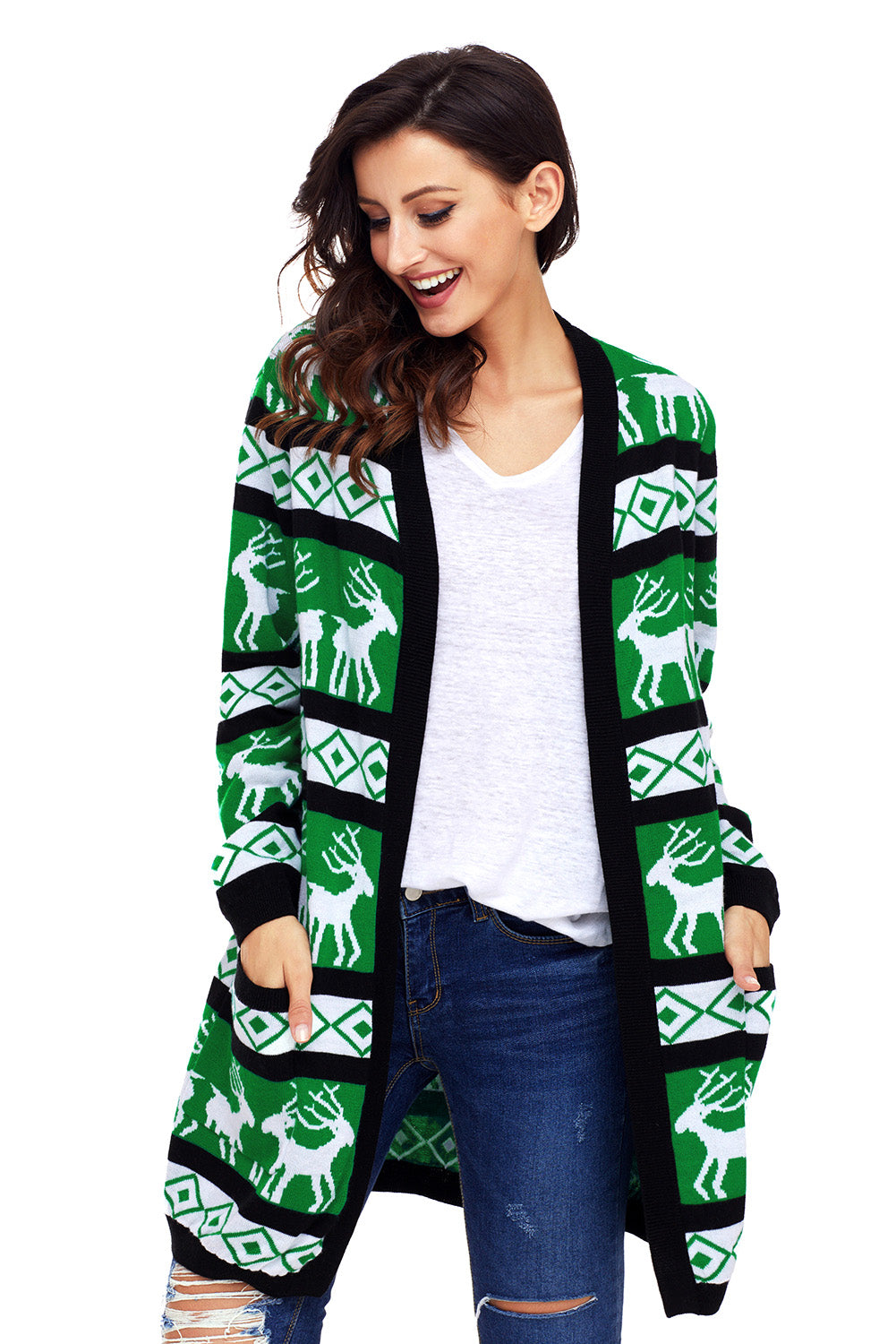 Green Reindeer Geometric Christmas Cardigan