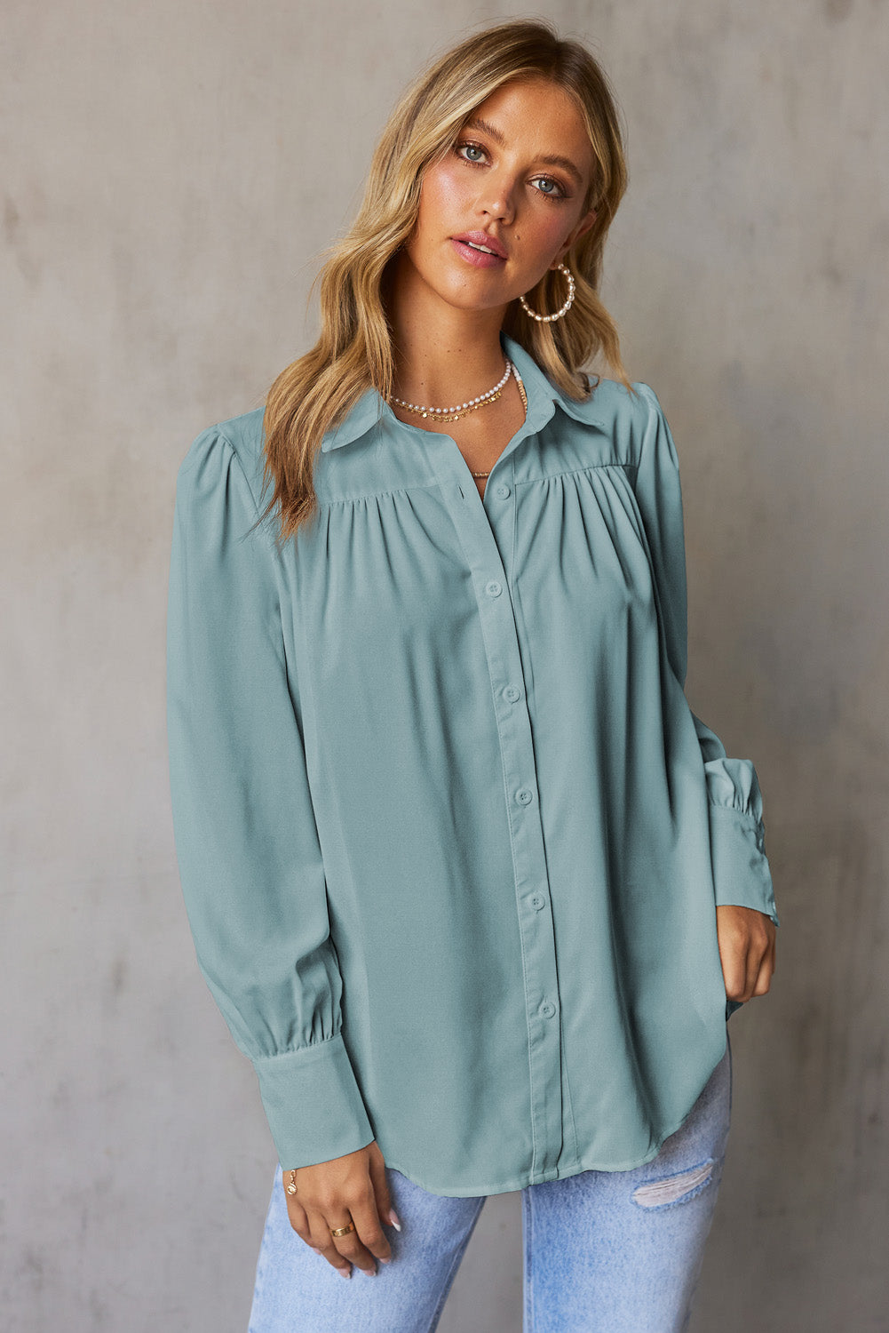 Khaki Solid Button-up Loose Long Sleeve Shirt