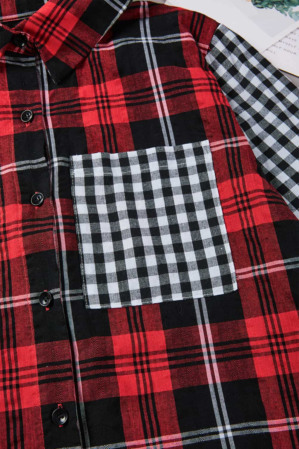 Fiery Red Plaid Splicing Hit Color Pockets Turndown Collar Long Sleeve Shirt