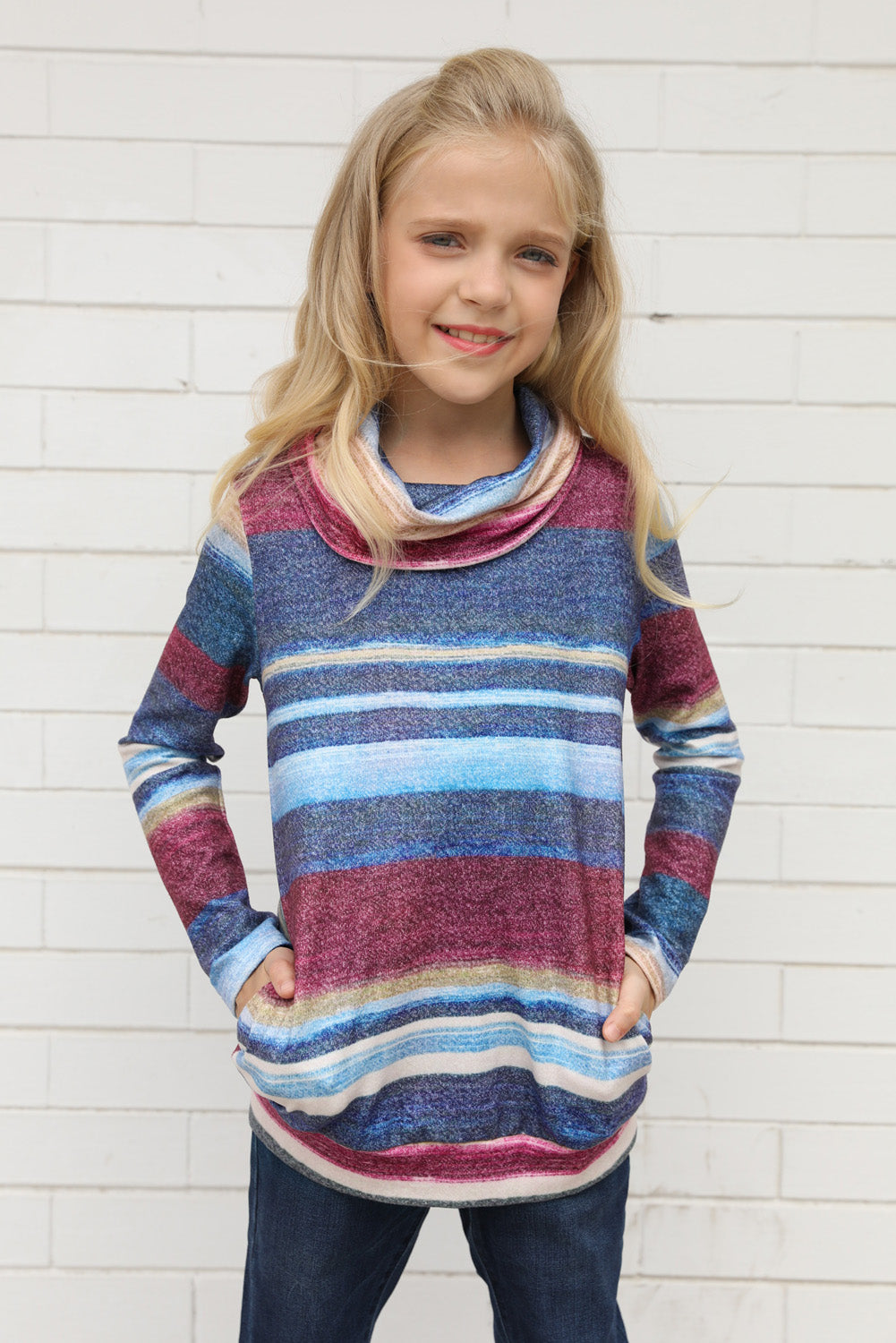 Multicolor Cowl Neck Girl's Striped Sweatshirt