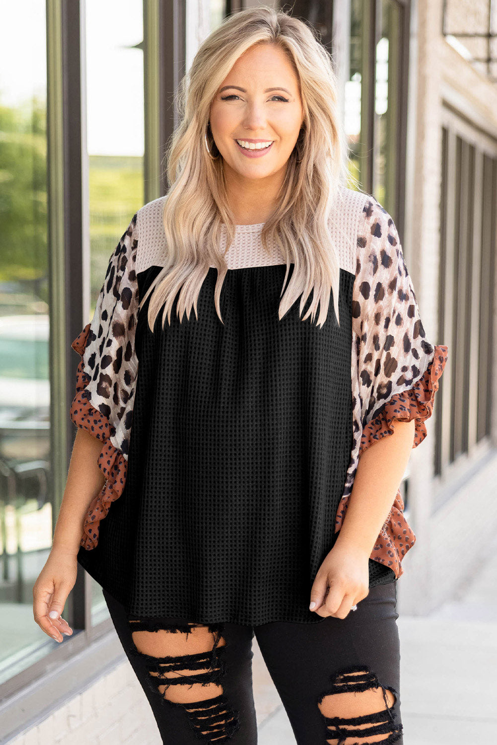 Waffle Knit Animal Print Ruffle Sleeves Plus Size Top