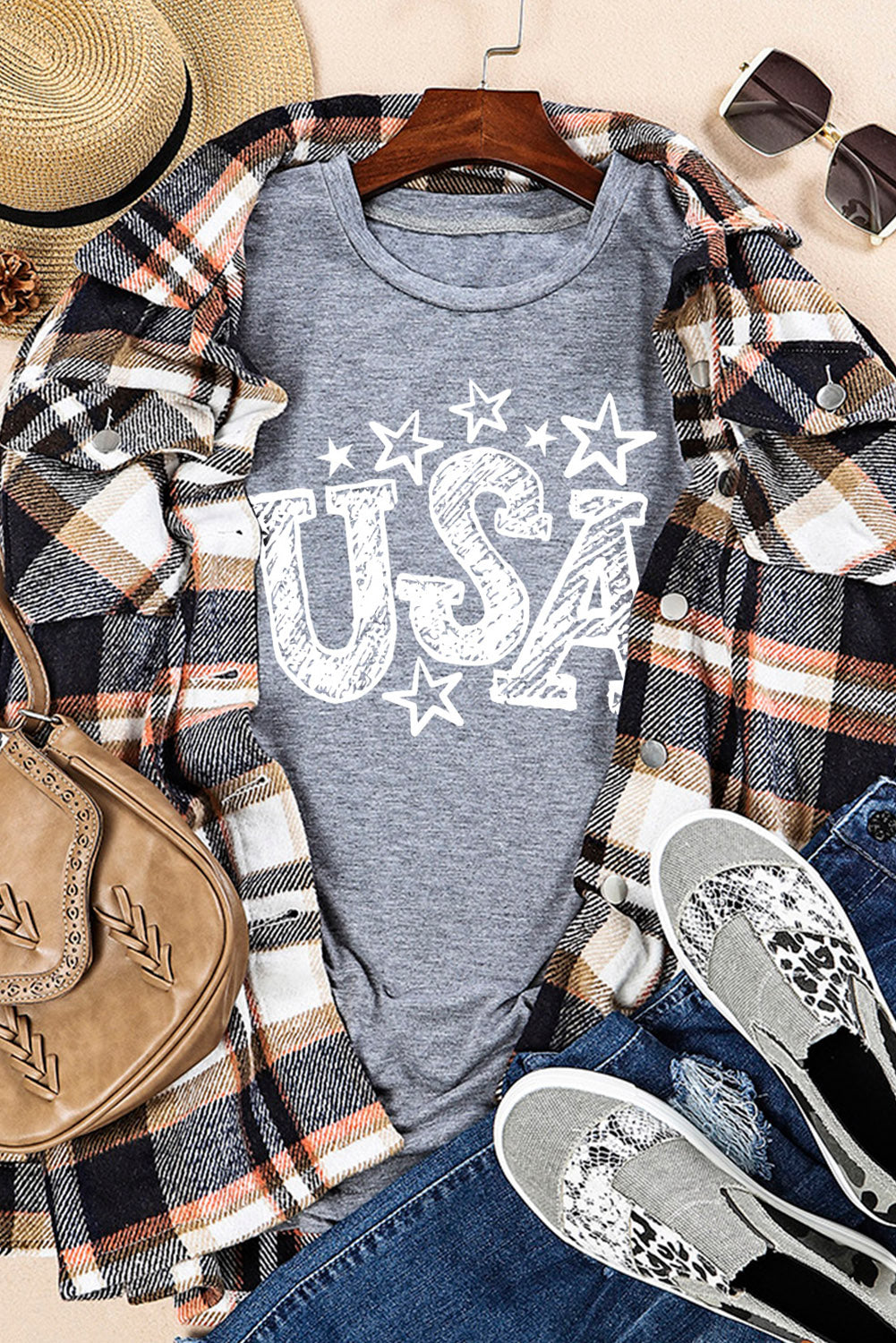 USA Stars Graphic Print Short Sleeve Casual Tee