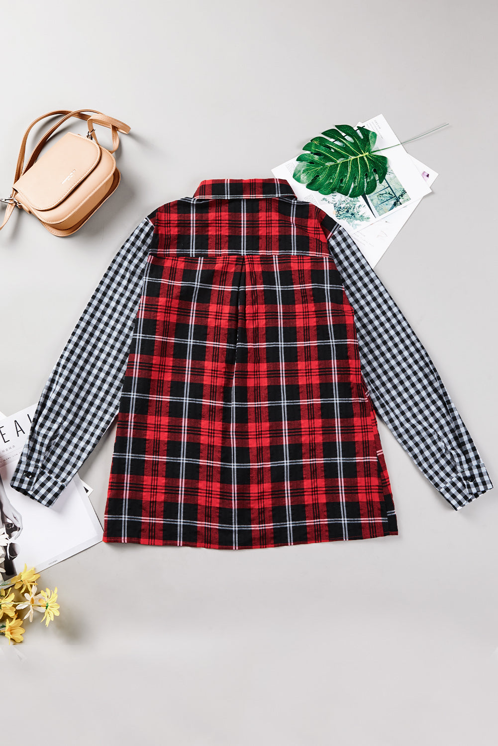 Fiery Red Plaid Splicing Hit Color Pockets Turndown Collar Long Sleeve Shirt