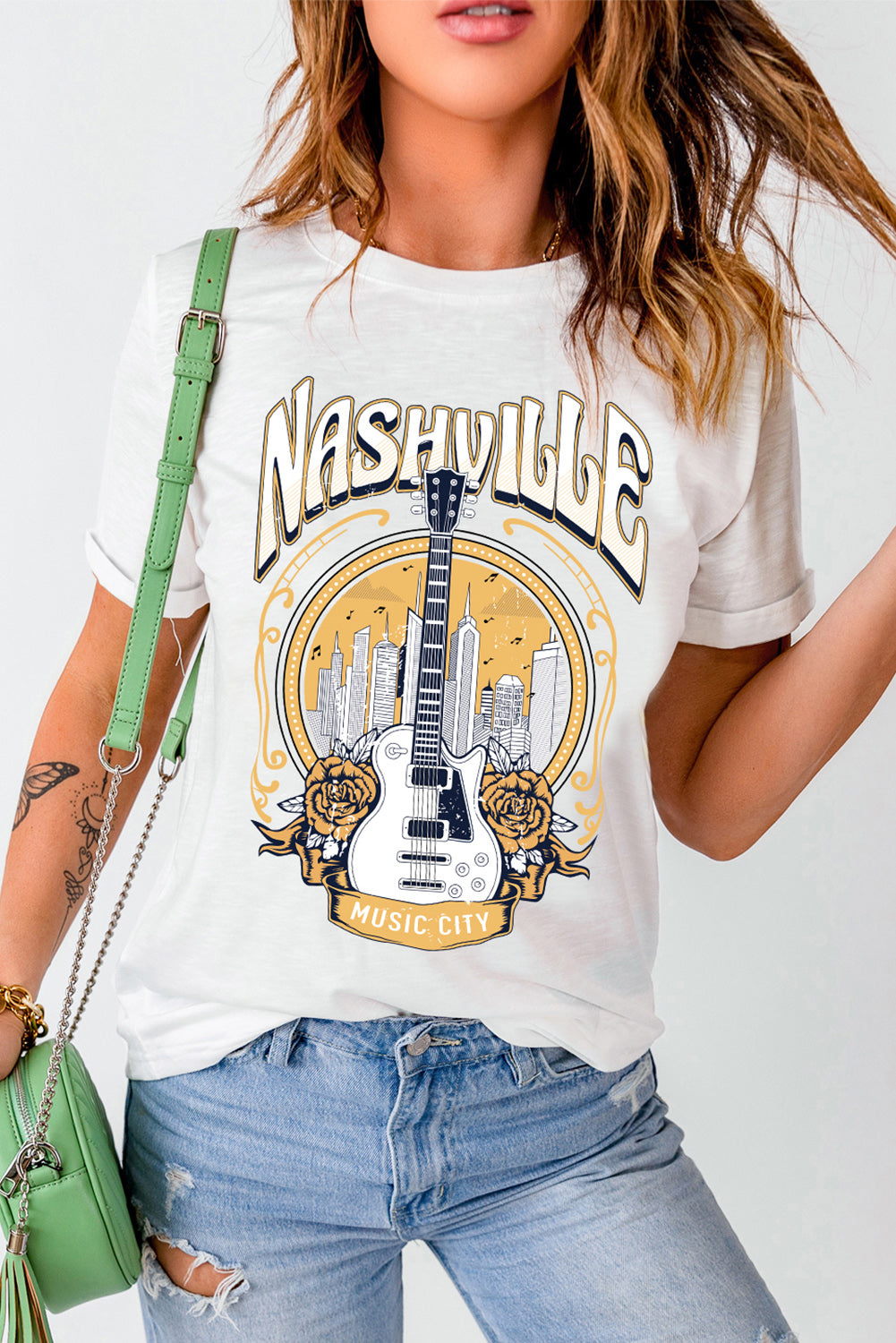 Music City NASHVILLE Guitar Floral Print Graphic T Shirt